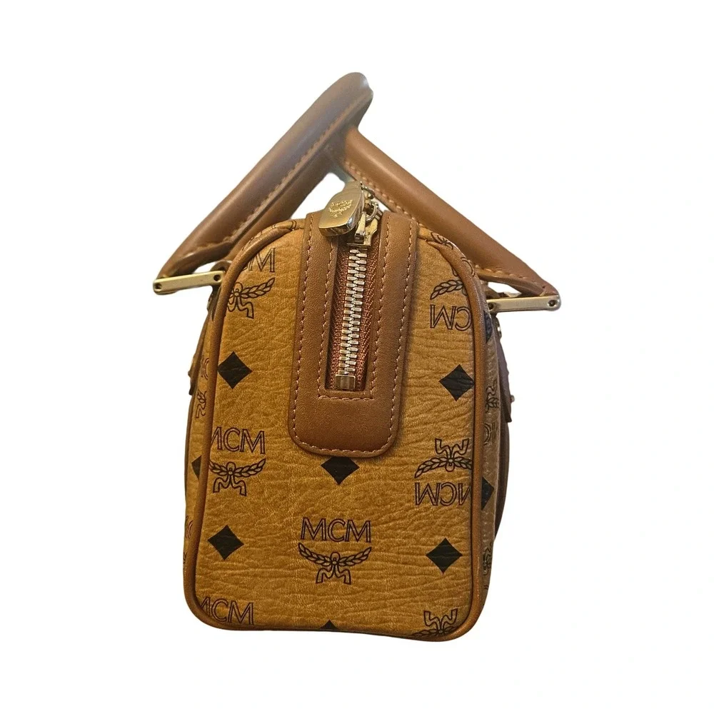MCM Visetos Boston Bag Cognac Monogram Satchel Gold Hardware C5607